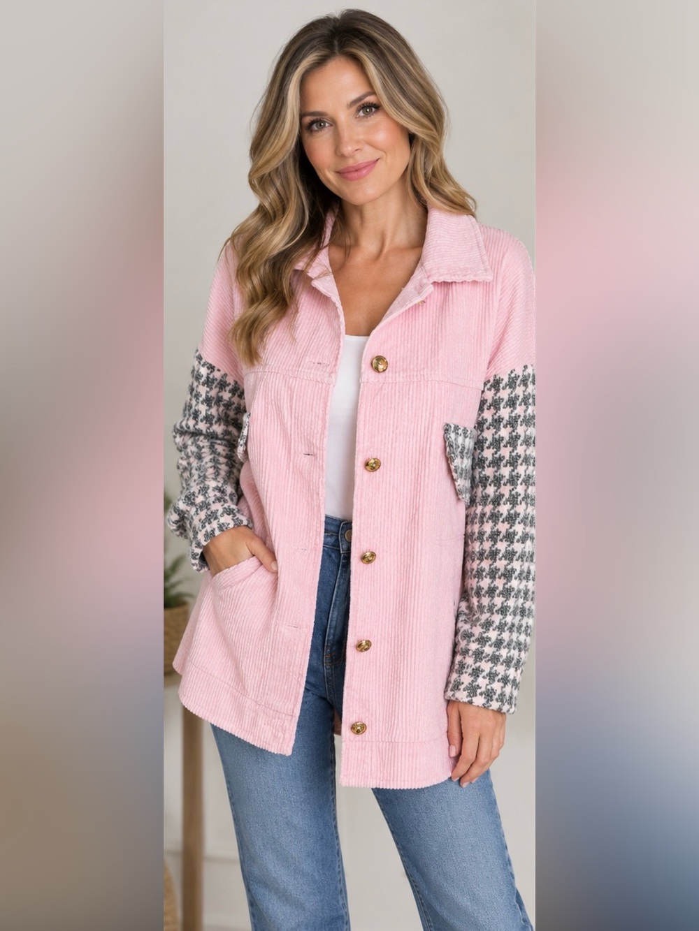 NWT-POL Pink corduroy Jacket with Gray Houndstooth Sleeves and accents